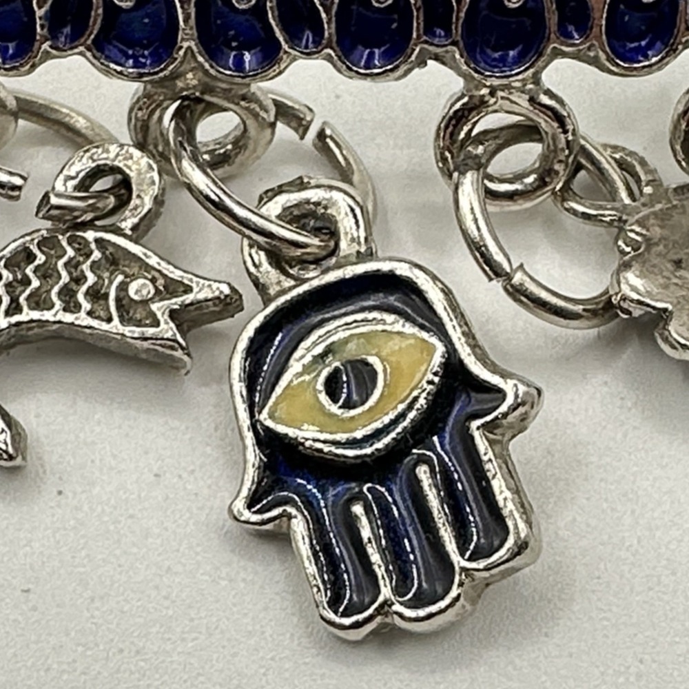 Vintage Silver Tone Brooch Pin Blue Enamel Hamsa Evil Eye Charms Luck Protection - Picture 6 of 10